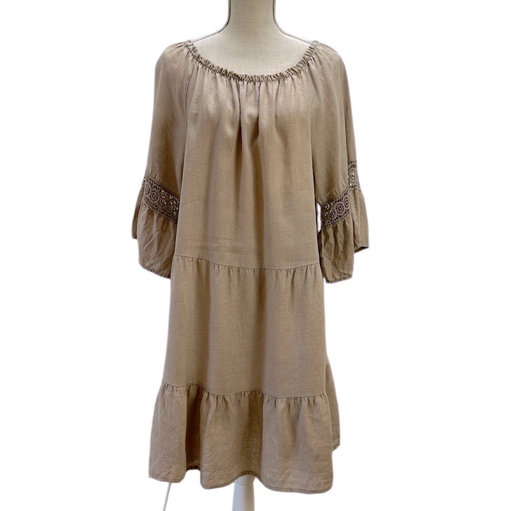 Terzo Millennio Taupe %100 Linen Tiered Dress Crochet Detail‎ XL Relaxed Fit